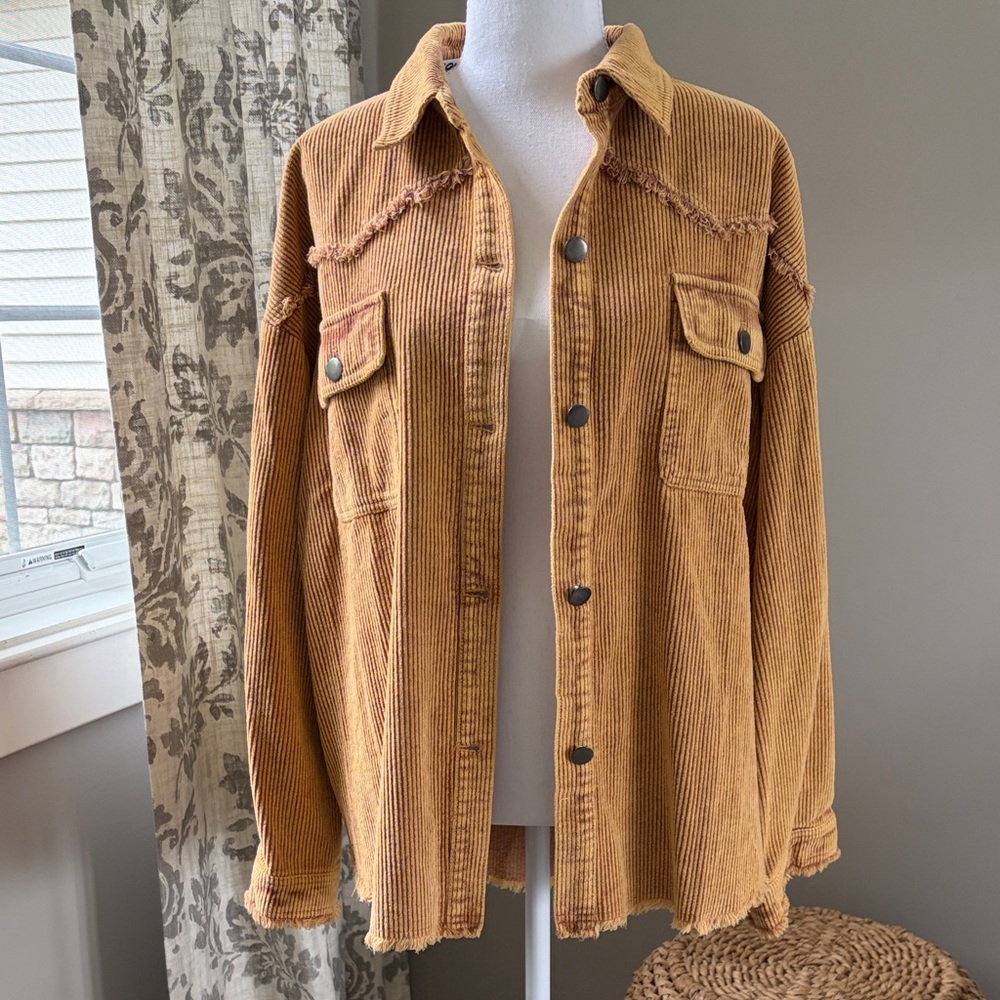 Corduroy Button-Down Shirt Jacket in Mustard